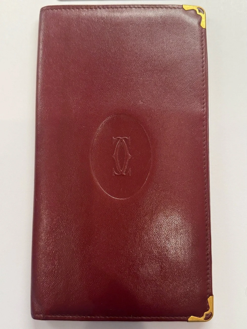 Vintage Must de Cartier Burgundy Leather Passport Holder Travel Wallet w/ Box